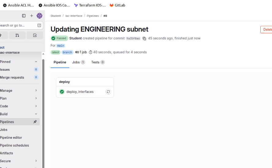GitLab pipeline summary showing the deploy stage passed for the ENGINEERING subnet update