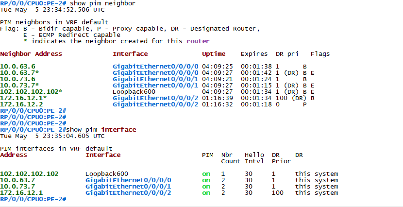 PIM neighbor and interface verification on PE-2