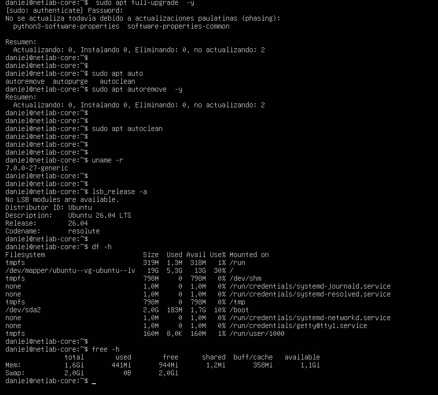 Ubuntu 26.04 LTS health check showing kernel, disk, and memory